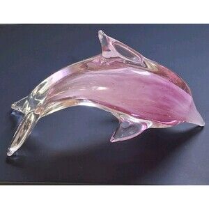 Pink Dolphin Art Glass Figurine Hand Blown Nautical Paperweight Coastal Decor